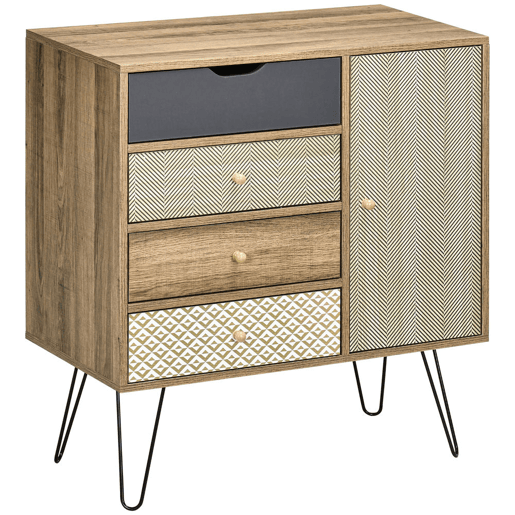 HOMCOM Cómoda com 4 Gavetas Gaveteiro de Madeira com Porta Prateleira Ajustável e Pés de Metal para Sala de Estar Dormitório Cozinha 79x39x86cm Marrom