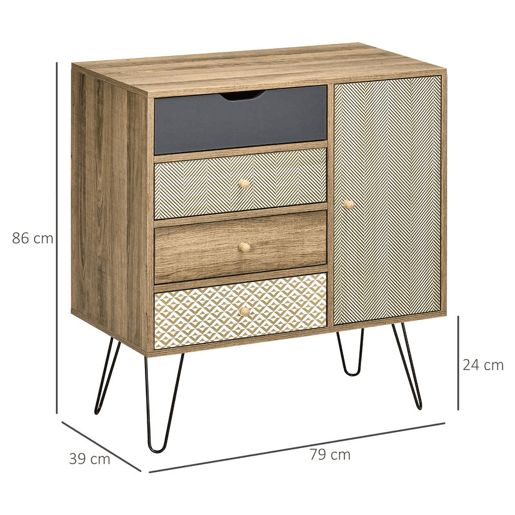 HOMCOM Cómoda com 4 Gavetas Gaveteiro de Madeira com Porta Prateleira Ajustável e Pés de Metal para Sala de Estar Dormitório Cozinha 79x39x86cm Marrom