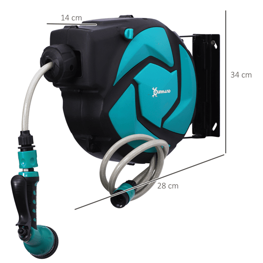 DURHAND Carretel para Mangueira Retrátil de Irrigação 10m + 1m Sistema Automático de Carretel com Trava 29,5x16,5x33 cm Preto e Verde DURHAND Carretel para Mangueira Retrátil de Irrigação 10m + 1m Sistema Automático de Carretel com Trava 29,5x16,5x33 cm Preto e Verde