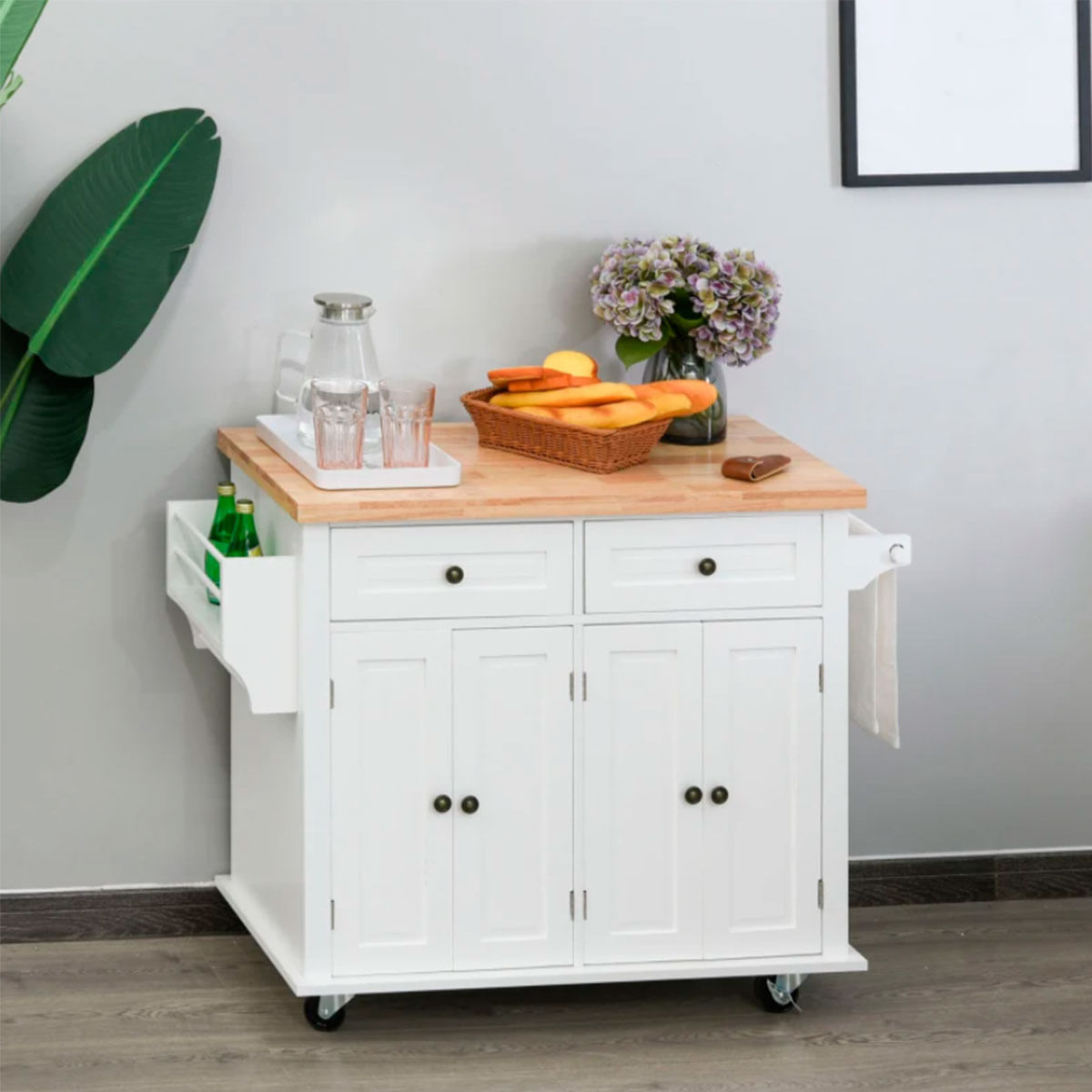 Homcom isla de cocina con ruedas carro de cocina con 2 cajones 4 puertas especiero encimera de madera estante ajustable y barra lateral para comedor 111x44,5x82,5 cm blanco