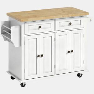HOMCOM Ilha de Cozinha com Rodas Móvel Auxiliar de Cozinha com 2 Gavetas 4 Portas Suporte para Temperos e Barra Lateral 111x44,5x82,5cm Branco e Madeira