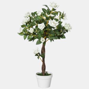 Outsunny Planta artificial de 90 cm Rosa branca realista com 21 flores e 350 folhas Pote de cimento incluído para interior e exterior