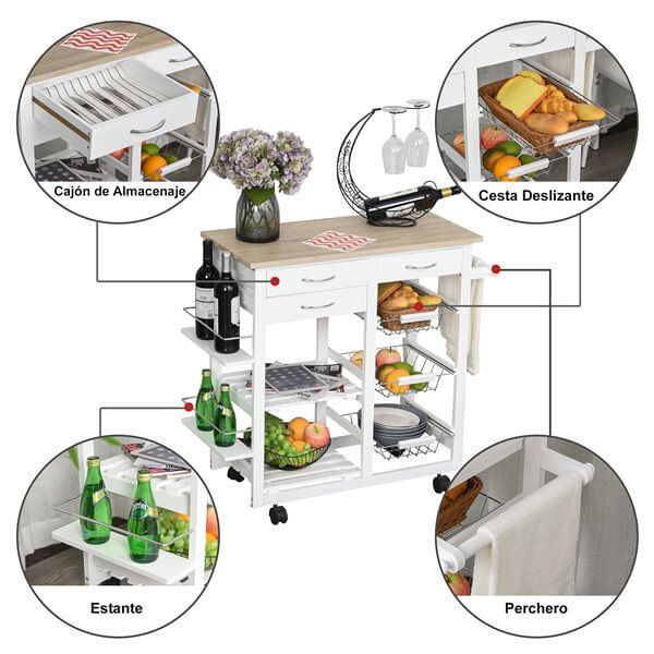 Homcom carrito de cocina carro de almacenamiento con cajones cestas estantes para especias toallero ruedas 92x37x82 cm blanco