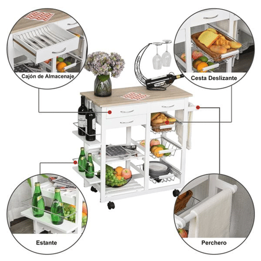 HOMCOM Carrinho de Cozinha com Gavetas, Cestas, Prateleiras para Especiarias, Porta-Toalhas e Rodas 92x37x82 cm Branco HOMCOM Carrinho de Cozinha com Gavetas, Cestas, Prateleiras para Especiarias, Porta-Toalhas e Rodas 92x37x82 cm Branco