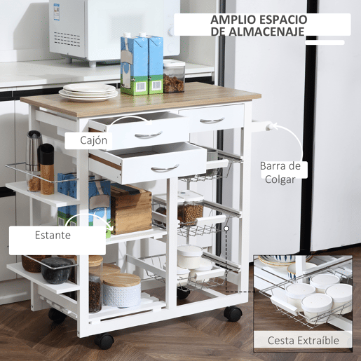 HOMCOM Carrinho de Cozinha com Gavetas, Cestas, Prateleiras para Especiarias, Porta-Toalhas e Rodas 92x37x82 cm Branco HOMCOM Carrinho de Cozinha com Gavetas, Cestas, Prateleiras para Especiarias, Porta-Toalhas e Rodas 92x37x82 cm Branco