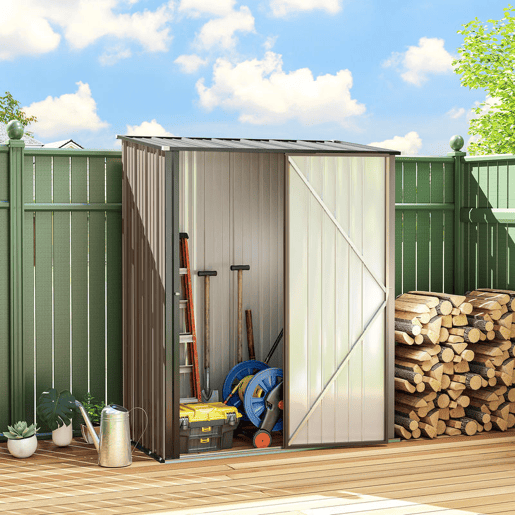 Outsunny Abrigo de Jardim 1,34m² 161,5x94,5x196cm Abrigo de Exterior de Aço Galvanizado com Porta e Fechadura para Armazenamento de Ferramentas Marrom
