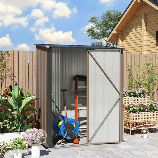 Outsunny Abrigo de Jardim 1,34m² 161,5x94,5x196cm Abrigo de Exterior de Aço Galvanizado com Porta e Fechadura para Armazenamento de Ferramentas Marrom