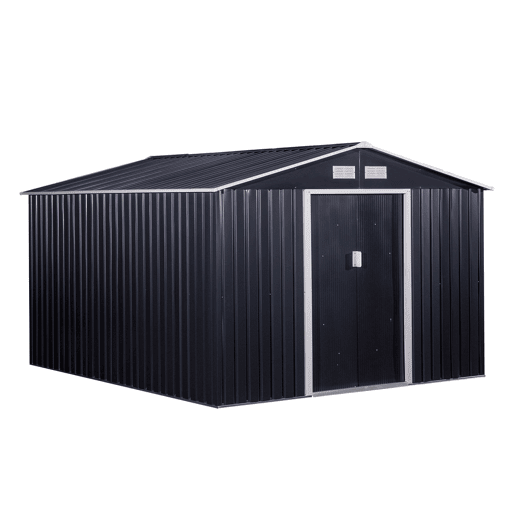 Telheiro de jardim Outsunny 322x277x192 cm Base 8,25 m² Telheiro metálico para ferramentas de exterior com 2 portas de correr e 4 janelas Cinzento