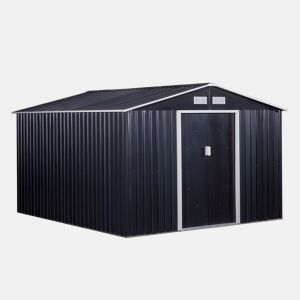 Telheiro de jardim Outsunny 322x277x192 cm Base 8,25 m² Telheiro metálico para ferramentas de exterior com 2 portas de correr e 4 janelas Cinzento