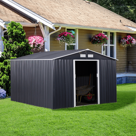 Telheiro de jardim Outsunny 322x277x192 cm Base 8,25 m² Telheiro metálico para ferramentas de exterior com 2 portas de correr e 4 janelas Cinzento
