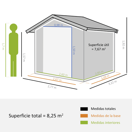 Telheiro de jardim Outsunny 322x277x192 cm Base 8,25 m² Telheiro metálico para ferramentas de exterior com 2 portas de correr e 4 janelas Cinzento