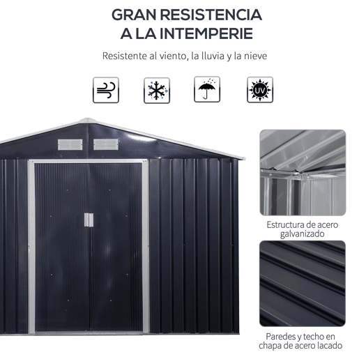 Telheiro de jardim Outsunny 322x277x192 cm Base 8,25 m² Telheiro metálico para ferramentas de exterior com 2 portas de correr e 4 janelas Cinzento