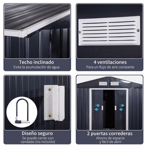 Telheiro de jardim Outsunny 322x277x192 cm Base 8,25 m² Telheiro metálico para ferramentas de exterior com 2 portas de correr e 4 janelas Cinzento
