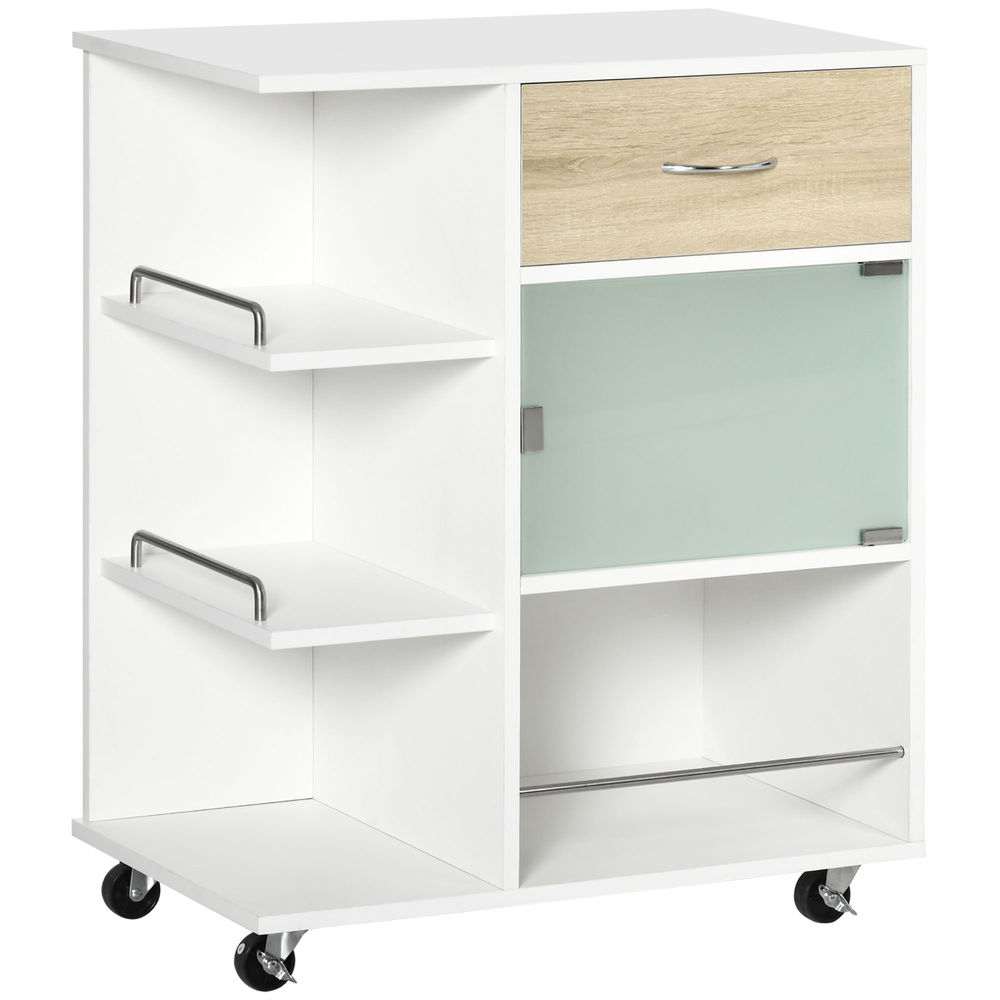 Homcom carrito de cocina carrito auxiliar con 1 cajón puerta de vidrio y estantes abiertos carro auxiliar con ruedas para comedor salón baño 65x39x80 cm natural