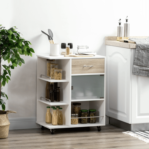 HOMCOM Carrinho de Cozinha com 1 Gaveta Porta de Vidro e Prateleiras Abertas Carrinho de Cozinha Auxiliar com Rodas para Sala de Estar Casa de Banho 65x39x80cm Madeira e Branco