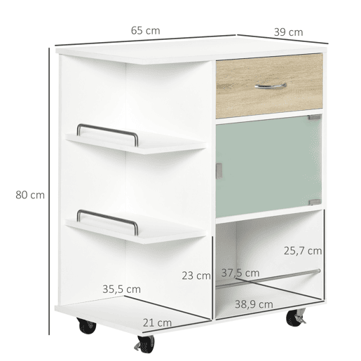 HOMCOM Carrinho de Cozinha com 1 Gaveta Porta de Vidro e Prateleiras Abertas Carrinho de Cozinha Auxiliar com Rodas para Sala de Estar Casa de Banho 65x39x80cm Madeira e Branco