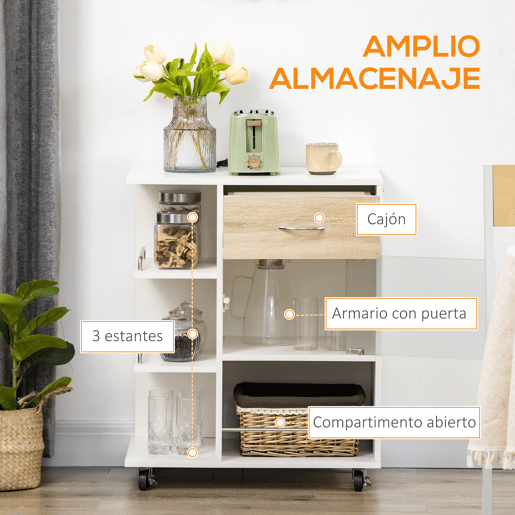 HOMCOM Carrinho de Cozinha com 1 Gaveta Porta de Vidro e Prateleiras Abertas Carrinho de Cozinha Auxiliar com Rodas para Sala de Estar Casa de Banho 65x39x80cm Madeira e Branco
