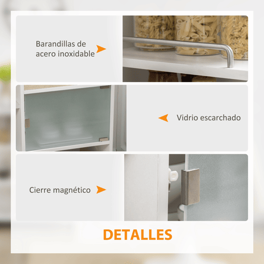 HOMCOM Carrinho de Cozinha com 1 Gaveta Porta de Vidro e Prateleiras Abertas Carrinho de Cozinha Auxiliar com Rodas para Sala de Estar Casa de Banho 65x39x80cm Madeira e Branco