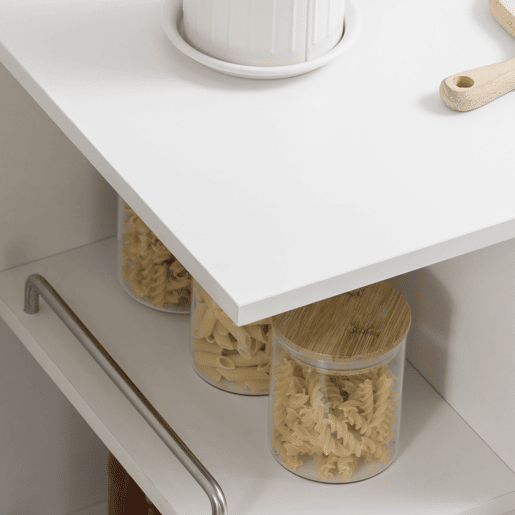 HOMCOM Carrinho de Cozinha com 1 Gaveta Porta de Vidro e Prateleiras Abertas Carrinho de Cozinha Auxiliar com Rodas para Sala de Estar Casa de Banho 65x39x80cm Madeira e Branco