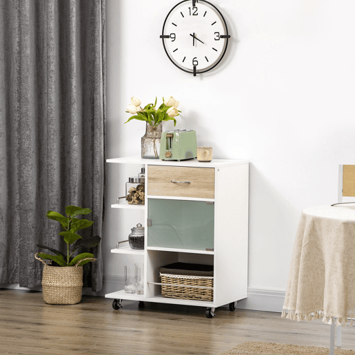 HOMCOM Carrinho de Cozinha com 1 Gaveta Porta de Vidro e Prateleiras Abertas Carrinho de Cozinha Auxiliar com Rodas para Sala de Estar Casa de Banho 65x39x80cm Madeira e Branco