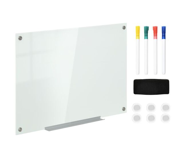 Vinsetto pizarra de cristal con bandeja pizarra de pared sin marco incluye 4 rotuladores y borrador 90x60x0,45 cm blanco