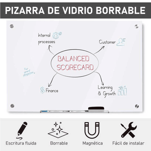 Vinsetto Placa de vidro magnético com bandeja Quadro de parede sem moldura Inclui 4 marcadores e borracha 90x60x0,45 cm Branco