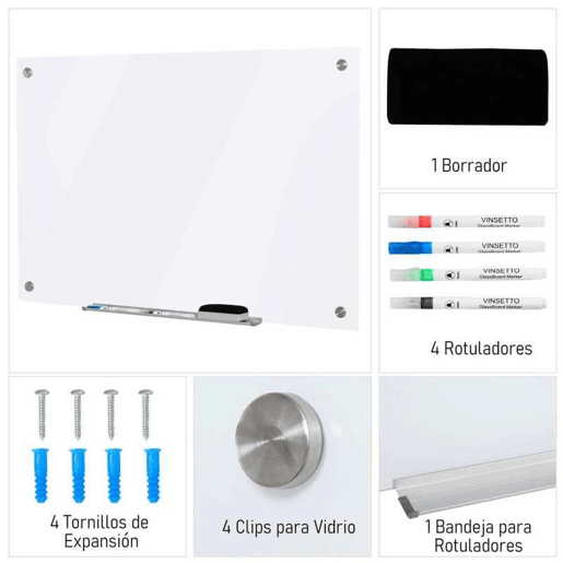 Vinsetto Placa de vidro magnético com bandeja Quadro de parede sem moldura Inclui 4 marcadores e borracha 90x60x0,45 cm Branco