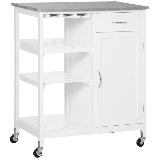 HOMCOM Carrinho de Cozinha com Rodas Carrinho de Cozinha com 1 Gaveta Prateleiras Removíveis Suporte para 4 Garrafas e Armário para Sala de Jantar Sala de Estar Carga 40kg 76x48x88cm Branco e Cinza