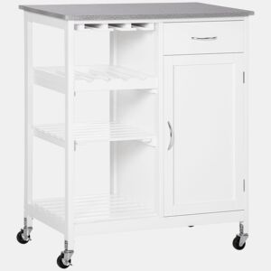 HOMCOM Carrinho de Cozinha com Rodas Carrinho de Cozinha com 1 Gaveta Prateleiras Removíveis Suporte para 4 Garrafas e Armário para Sala de Jantar Sala de Estar Carga 40kg 76x48x88cm Branco e Cinza