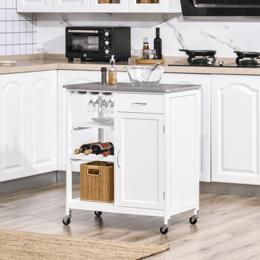 HOMCOM Carrinho de Cozinha com Rodas Carrinho de Cozinha com 1 Gaveta Prateleiras Removíveis Suporte para 4 Garrafas e Armário para Sala de Jantar Sala de Estar Carga 40kg 76x48x88cm Branco e Cinza