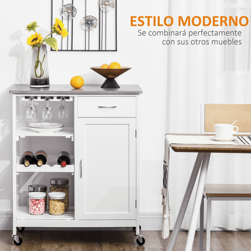HOMCOM Carrinho de Cozinha com Rodas Carrinho de Cozinha com 1 Gaveta Prateleiras Removíveis Suporte para 4 Garrafas e Armário para Sala de Jantar Sala de Estar Carga 40kg 76x48x88cm Branco e Cinza