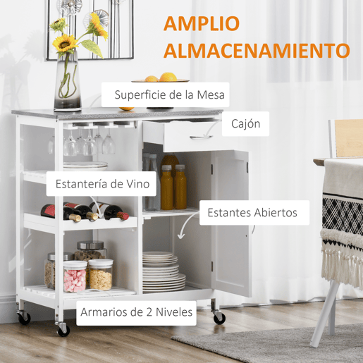 HOMCOM Carrinho de Cozinha com Rodas Carrinho de Cozinha com 1 Gaveta Prateleiras Removíveis Suporte para 4 Garrafas e Armário para Sala de Jantar Sala de Estar Carga 40kg 76x48x88cm Branco e Cinza