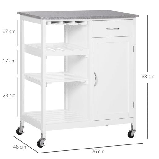 HOMCOM Carrinho de Cozinha com Rodas Carrinho de Cozinha com 1 Gaveta Prateleiras Removíveis Suporte para 4 Garrafas e Armário para Sala de Jantar Sala de Estar Carga 40kg 76x48x88cm Branco e Cinza