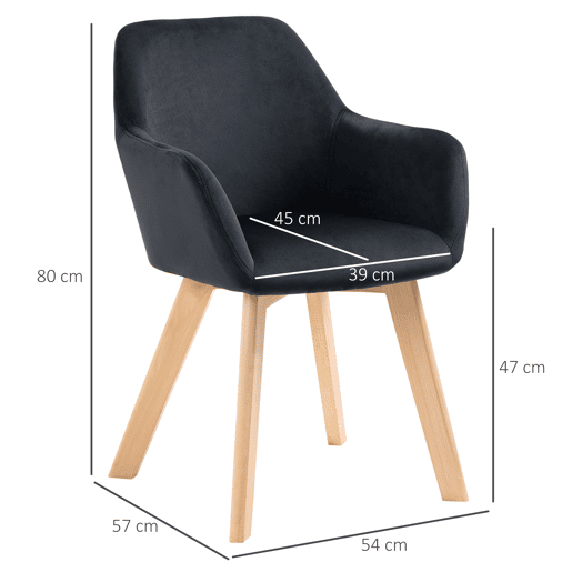 HOMCOM Conjunto de 2 Cadeiras de Sala de Jantar Modernas Cadeiras de Cozinha Estofadas em Veludo com Encosto Médio e Pés de Madeira de Borracha para Sala de Estar Carga 120kg 54x57x80cm Preto