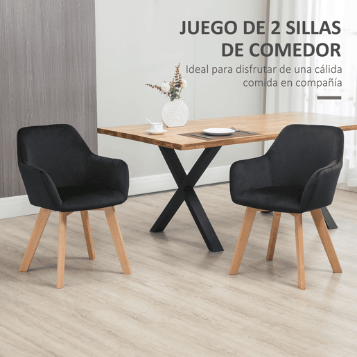 HOMCOM Conjunto de 2 Cadeiras de Sala de Jantar Modernas Cadeiras de Cozinha Estofadas em Veludo com Encosto Médio e Pés de Madeira de Borracha para Sala de Estar Carga 120kg 54x57x80cm Preto