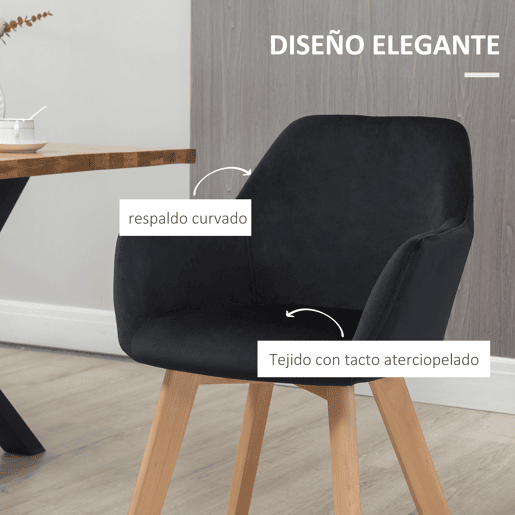 HOMCOM Conjunto de 2 Cadeiras de Sala de Jantar Modernas Cadeiras de Cozinha Estofadas em Veludo com Encosto Médio e Pés de Madeira de Borracha para Sala de Estar Carga 120kg 54x57x80cm Preto