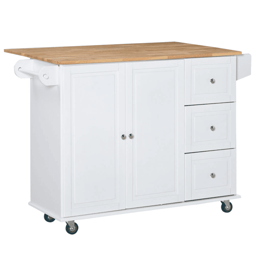 HOMCOM Carrinho de Cozinha com Rodas Carrinho de Cozinha com Bancada Rebatível 3 Gavetas 1 Armário com Prateleira Interior Ajustável e Suporte para Temperos 128,8x75,5x92,5cm Branco e Natural