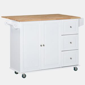HOMCOM Carrinho de Cozinha com Rodas Carrinho de Cozinha com Bancada Rebatível 3 Gavetas 1 Armário com Prateleira Interior Ajustável e Suporte para Temperos 128,8x75,5x92,5cm Branco e Natural
