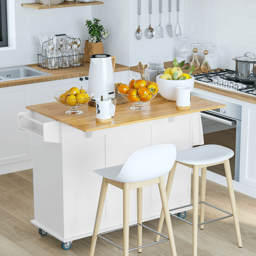 HOMCOM Carrinho de Cozinha com Rodas Carrinho de Cozinha com Bancada Rebatível 3 Gavetas 1 Armário com Prateleira Interior Ajustável e Suporte para Temperos 128,8x75,5x92,5cm Branco e Natural