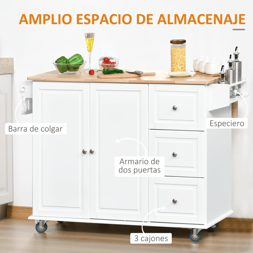 HOMCOM Carrinho de Cozinha com Rodas Carrinho de Cozinha com Bancada Rebatível 3 Gavetas 1 Armário com Prateleira Interior Ajustável e Suporte para Temperos 128,8x75,5x92,5cm Branco e Natural