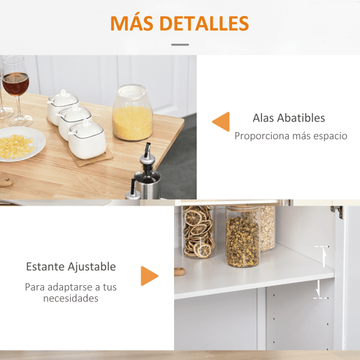 HOMCOM Carrinho de Cozinha com Rodas Carrinho de Cozinha com Bancada Rebatível 3 Gavetas 1 Armário com Prateleira Interior Ajustável e Suporte para Temperos 128,8x75,5x92,5cm Branco e Natural