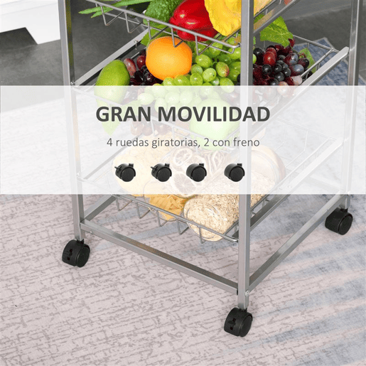 HOMCOM Carrinho de Cozinha Multifuncional com Rodas 5 Níveis Carrinho de Serviço da Cozinha Carrinho Auxiliar para Fruteira e Verdureiro 36,5x36,5x89cm Carga 20kg