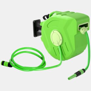 Outsunny Carretel para Mangueira 15m+1,5m Enrolador de Mangueira Montado na Parede Enrolador Automático 180º Giratório 47,5x15,5x35,5cm Verde