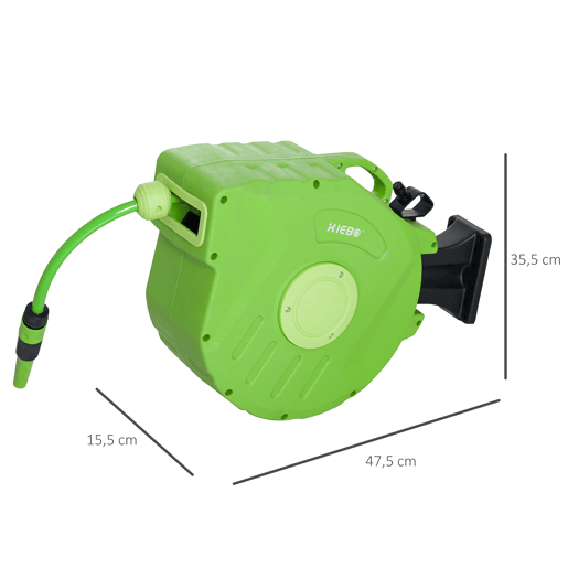 Outsunny Carretel para Mangueira 15m+1,5m Enrolador de Mangueira Montado na Parede Enrolador Automático 180º Giratório 47,5x15,5x35,5cm Verde