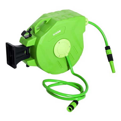 Outsunny Carretel para Mangueira 15m+1,5m Enrolador de Mangueira Montado na Parede Enrolador Automático 180º Giratório 47,5x15,5x35,5cm Verde