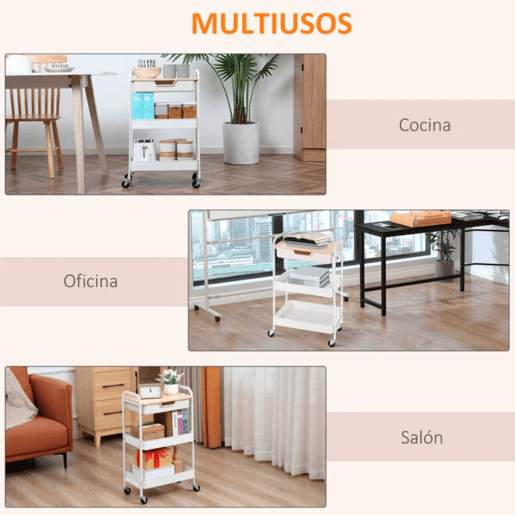 HOMCOM Carrinho de Cozinha com Rodas Carrinho de Armazenamento com Gaveta 2 Prateleiras e Rodas com Freios para Casa de Banho Sala de Estar Dormitório 43,9x30,5x75,6cm Branco e Madeira Natural