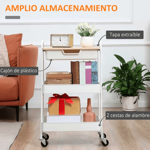 HOMCOM Carrinho de Cozinha com Rodas Carrinho de Armazenamento com Gaveta 2 Prateleiras e Rodas com Freios para Casa de Banho Sala de Estar Dormitório 43,9x30,5x75,6cm Branco e Madeira Natural
