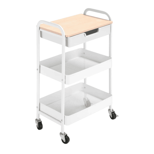 HOMCOM Carrinho de Cozinha com Rodas Carrinho de Armazenamento com Gaveta 2 Prateleiras e Rodas com Freios para Casa de Banho Sala de Estar Dormitório 43,9x30,5x75,6cm Branco e Madeira Natural