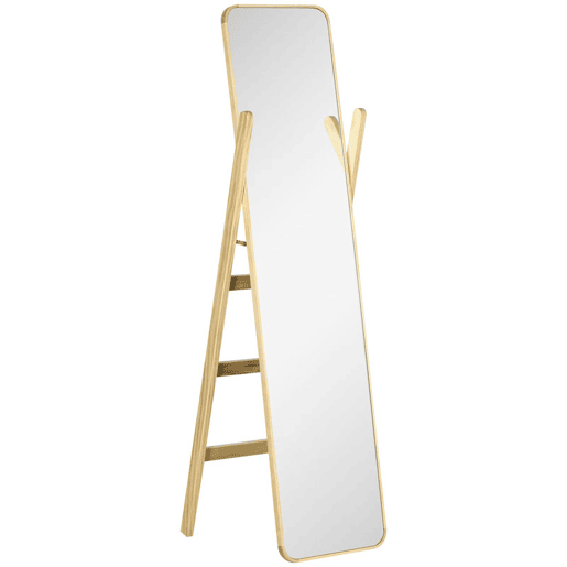 HOMCOM Espelho de Pé com Cabideiro Espelho de Corpo Inteiro 40x35x147 cm com Estrutura de Madeira para Sala, Quarto ou Entrada Natural