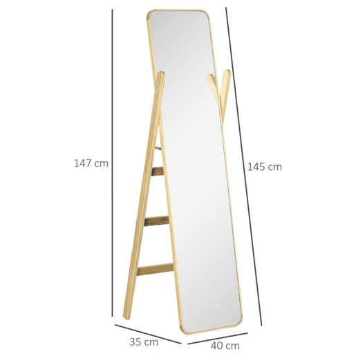 HOMCOM Espelho de Pé com Cabideiro Espelho de Corpo Inteiro 40x35x147 cm com Estrutura de Madeira para Sala, Quarto ou Entrada Natural